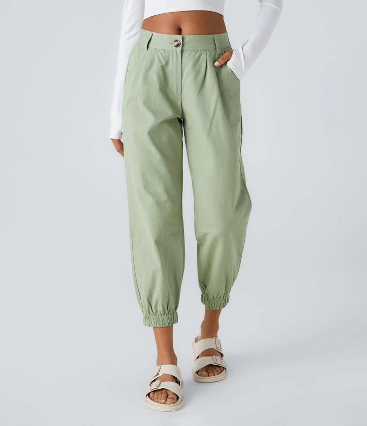 Women’s Mid Rise Button Zipper Side Pocket Casual Cotton Joggers - Halara 