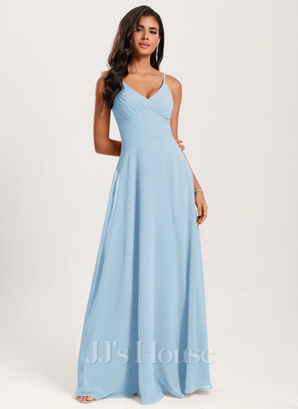 [US$ 84.00] A-line V-Neck Floor-Length Chiffon Bridesmaid Dress With Ruffle (007293507)