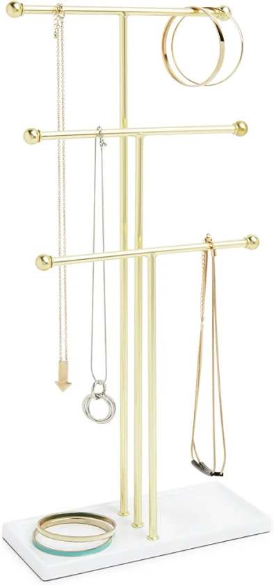 Umbra Trigem Hanging Jewelry Organizer – 3 Tier Table Top Necklace Holder, Jewelry Box and Jewelry Display with Jewelry Tray Base, White/Brass