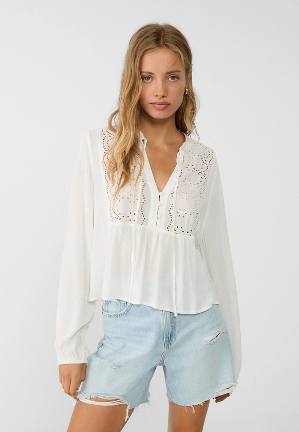 Flowing embroidered blouse - Women's Shirts & Blouses | Stradivarius United Kingdom