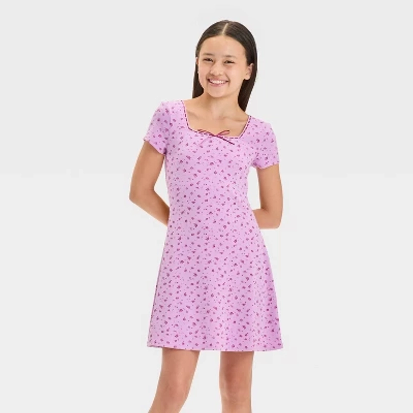 Girls' Short Sleeve Square Neck Ribbed Dress - art class™ Lavender M