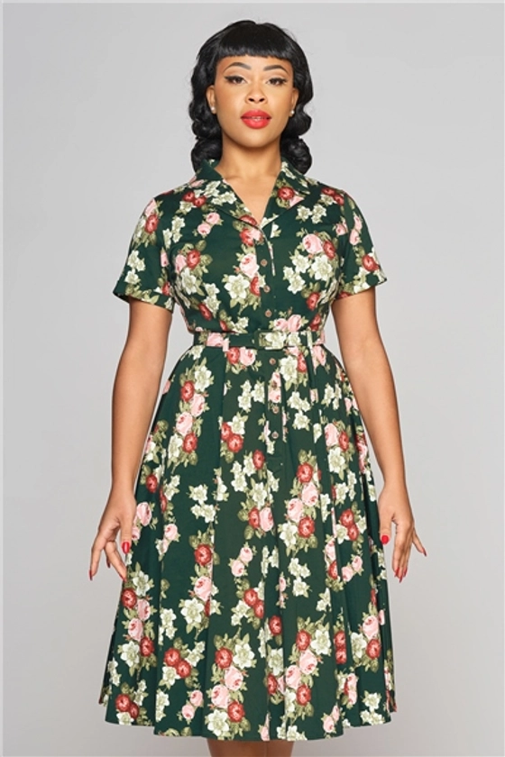 Caterina Vintage Bloom Swing Dress - UK 8; Green