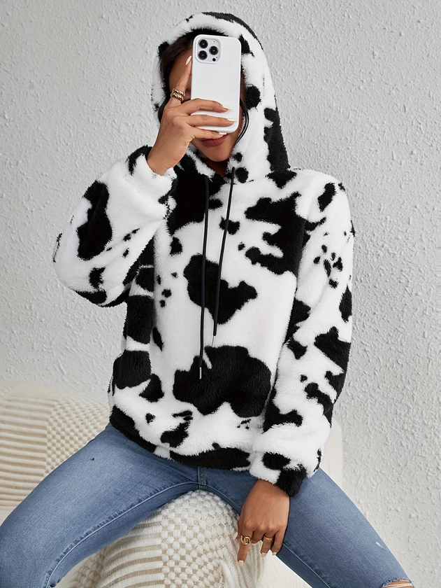 Fuzzy Cow Hooded Sweatshirt, Casual Long Sleeve Drawstring Hooded Sweatshirt, Women's Clothing