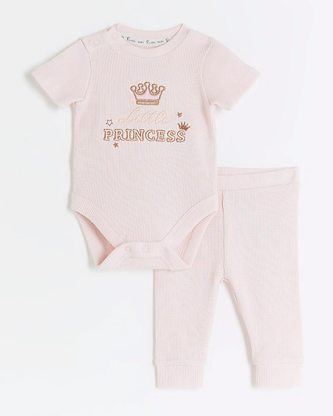 Baby girls pink embroidered all in one set | River Island