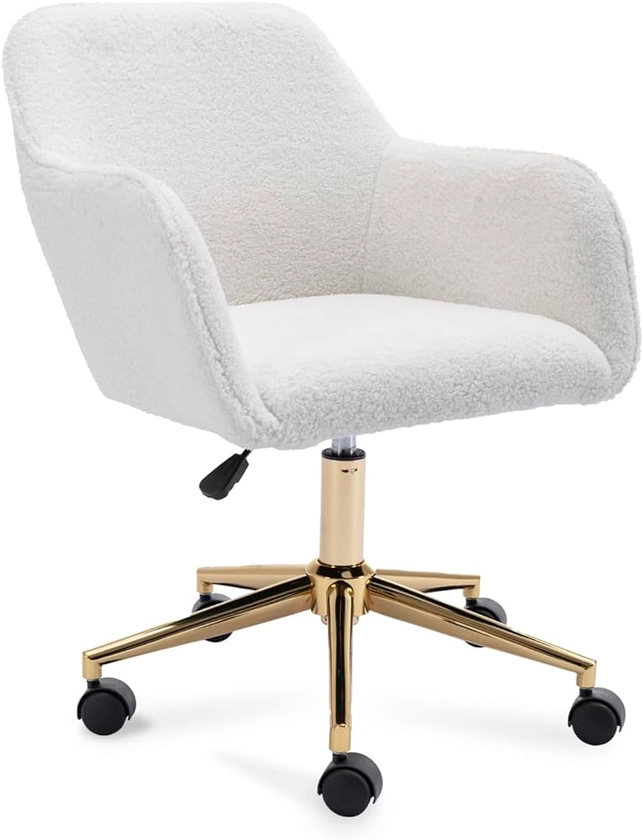 DEKKETO White Teddy Swivel Desk Chair, Makeup Vanity Chair with Wheels, Height Adjustable Dressing Table Chairs with Gold Base for Bedroom, Vanity Room, Home Office