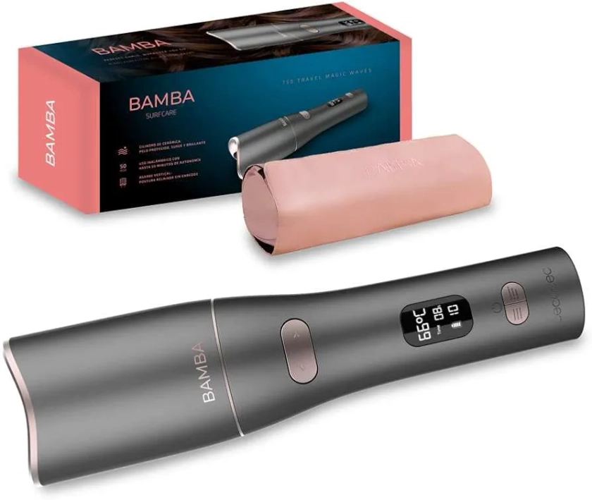 Cecotec Rizador de Pelo Inalámbrico Bamba SurfCare 750 Travel Magic Waves. Cerámica, Ajuste de temperatura y Tiempo, Pantalla LCD, Autonomía 50 min, Bolsa Termoresistente