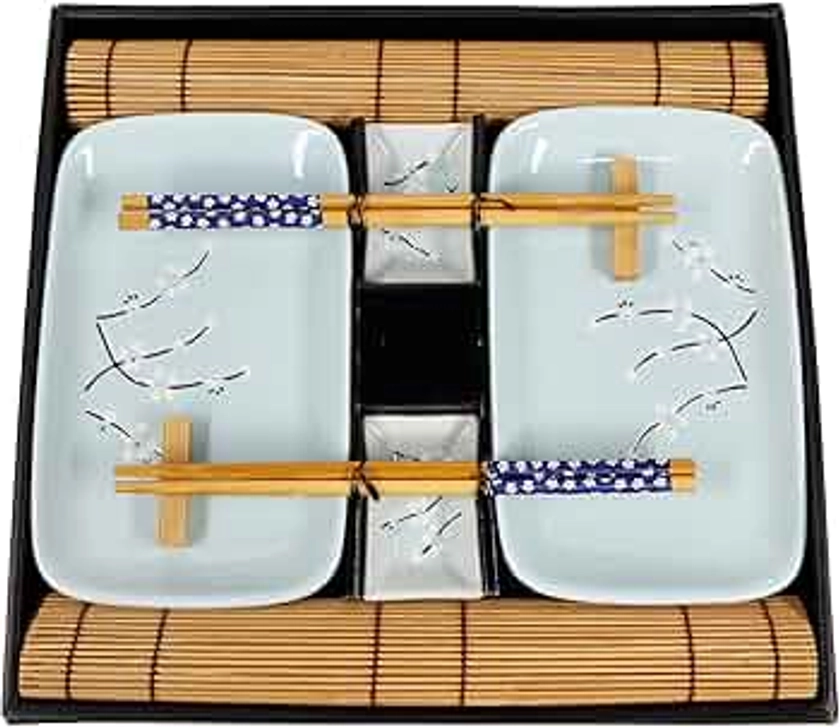 EXZACT Sushi Plate Set 10pcs - 2 x Sushi Plates, 2 x Dip Bowls, 2 x Placemats, 2 x Chopsticks Rests, 2 Pairs of Chopsticks - Porcelain - Gift Box - Blue