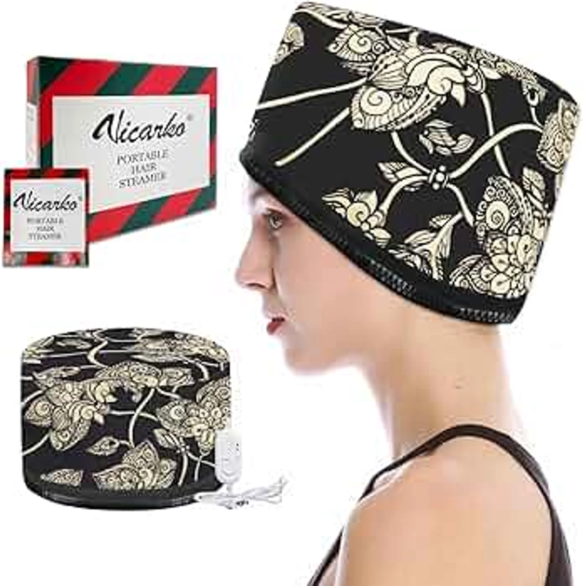 VICARKO Hair Steamer Thermal Heat Cap Deep Conditioning Natural Black Hair Scalp Treatment Spa Hot Head Care Electric for Home Use Black Jacquard