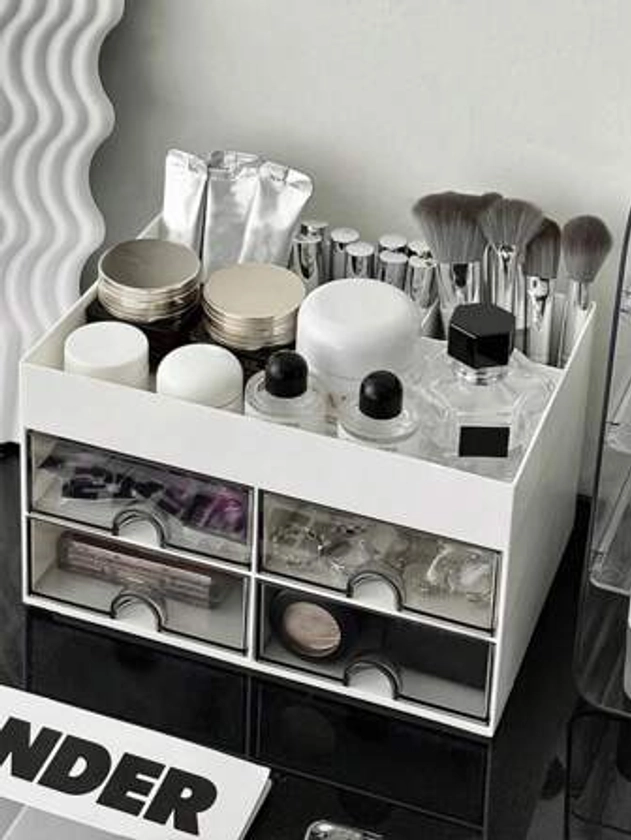 1 pièce Boîte de rangement de maquillage, organisateur de bureau avec tiroir, boîte d'affichage cosmétique à grande capacité multi-grille, support de pinceau de maquillage, convient pour ranger le rouge à lèvres, les bijoux, les manucures, les produits de soins de la peau, organisateur de vanité de salle de bain, décoration de coiffeuse, contenant de papeterie, fournitures de retour à l'école, cadeau de fête, cadeau de Noël