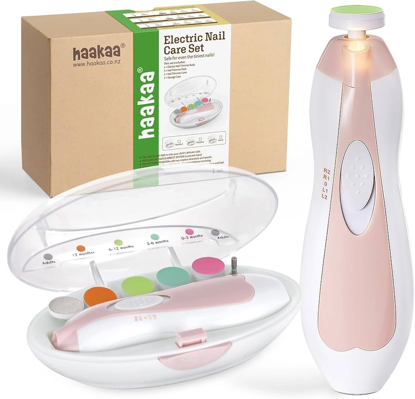 haakaa Coupe-ongles Électrique pour Bébés, Sûr et Doux, Kit de Lime à Ongles avec 6 Têtes et Lumière LED, Rose