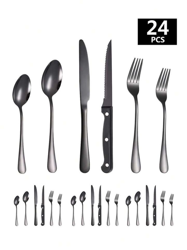 24pcs Stainless Steel Cutlery Set For 4, Including Steak Knives, Forks And Spoons, Suitable For Kitchen, Restaurant, Hotel, Parties And Gatherings