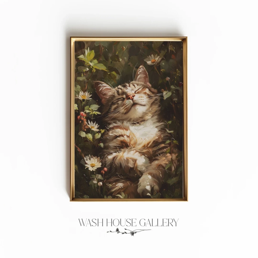 Cat Sleeping in the Flower Garden Print Printable Cat Wall Art Sleeping Cat Painting Farmhouse Kitchen Decor Downloadable Art - Etsy Japan