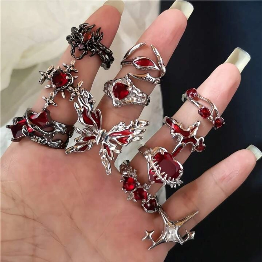 1pc Y2k Irregular Red Enamel Heart Shaped Cross Ring For Women, Gothic Creative Dark Fashion Jewelry Gift