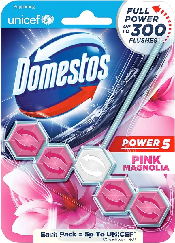 Domestos Power 5 Pink Magnolia toilet blocks that clean at full power for up to 300 flushes Toilet Rim Block up to 3x more limescale prevention* 55 g