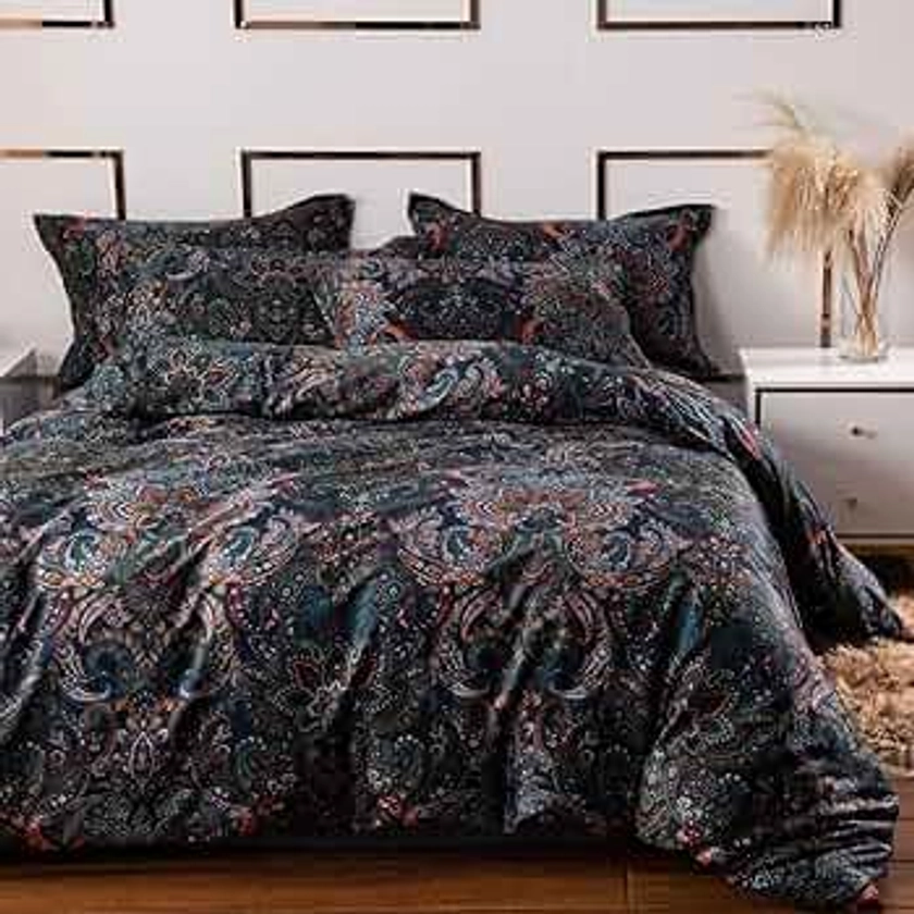 Softta Luxury Vintage Elegant Black Queen Size 88×88 inches Duvet Cover Sets Damask Paisley Bedding Set Retro 100% Brushed Cotton Zipper Closure Bedding Collection