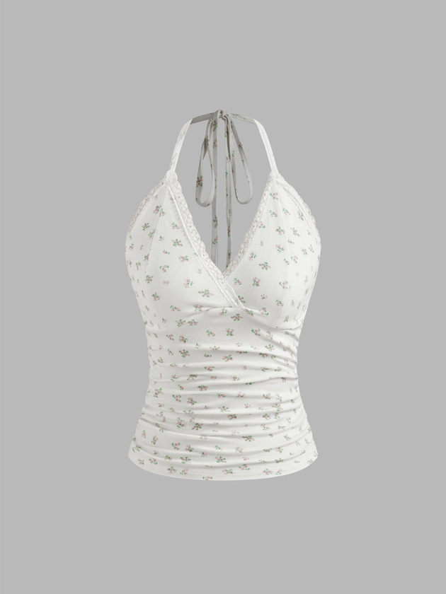 Halter Floral Lace Trim Knotted Ruched Top