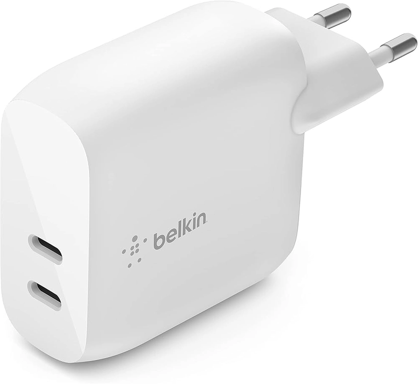 Belkin Chargeur secteur USB-C PD 40 W (deux ports USB-C, 20 W par port, recharge Power Delivery pour iPhone 14 ou 13, iPad Pro, Galaxy, etc.)