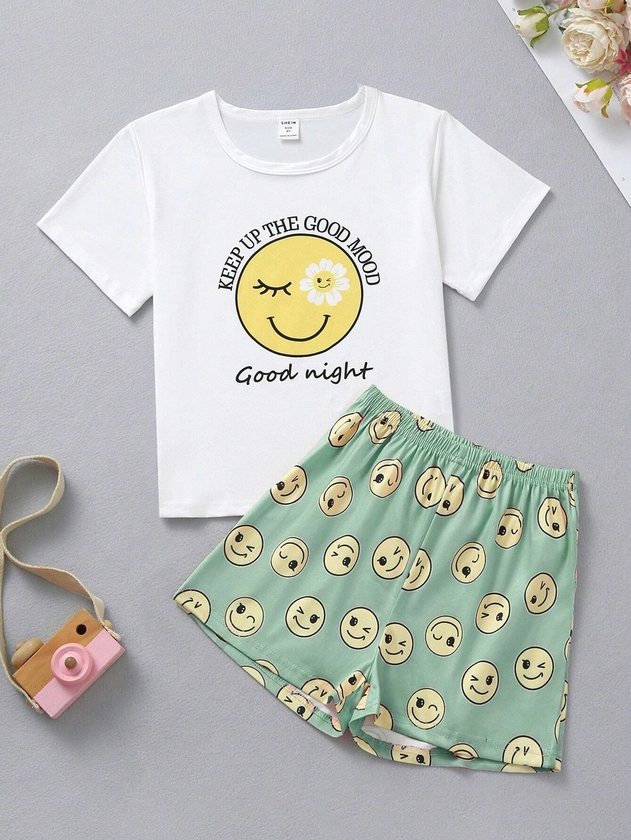 Tween Girl Cartoon & Letter Graphic Tee & Shorts PJ Set | SHEIN UK