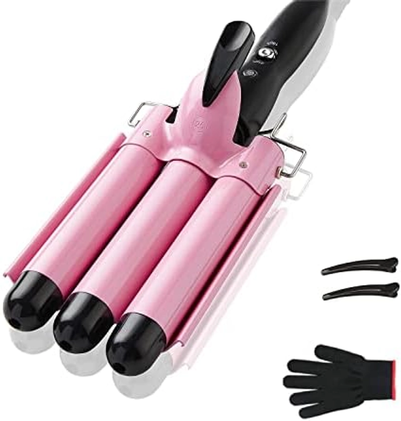 3 Barrel Curling Iron Hair Crimper, TOP4EVER 25mm（1 inch ） Professional Hair Curling Wand with Two Temperature Control,Fast Heating Portable Crimpers for Waving Hair (Pink)