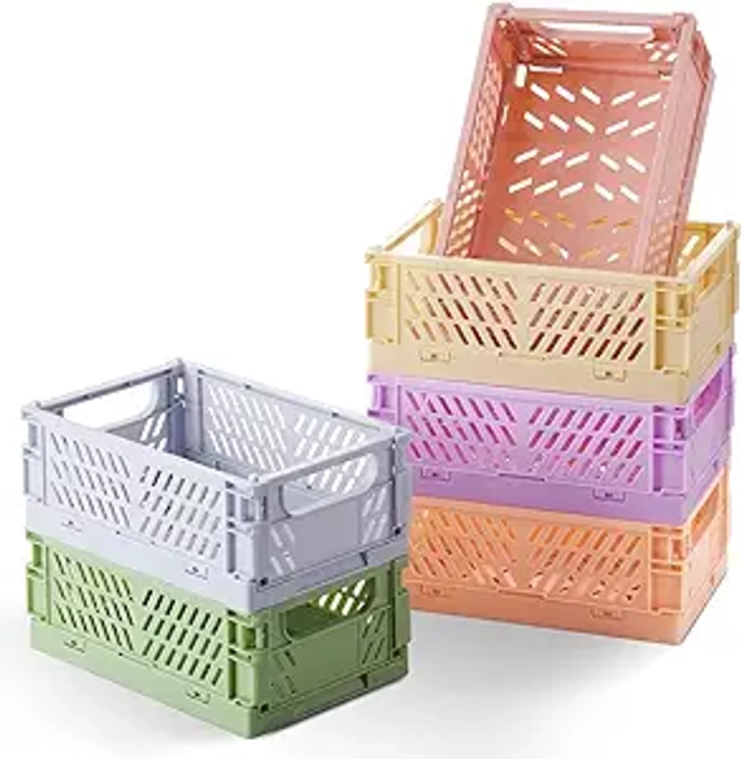 6-Pack Pastel Storage Crates, Mini Plastic Crates, Small Baskets for Organizing, Collapsible Storage Crates for Bedroom Decor Classroom Office Kitchen Home (5.8"x 3.8" x 2.2")