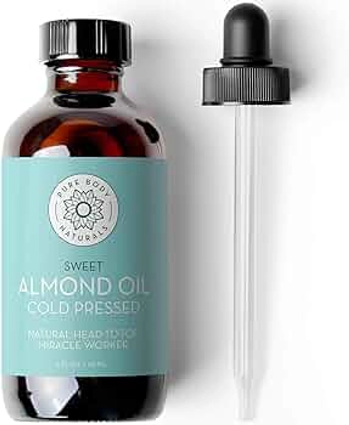 Pure Body Naturals Sweet Almond Oil, 4 fl oz - Cold Pressed and 100% Pure - for Hair, Skin, Nails, Therapeutic Massage, Carrier Oil