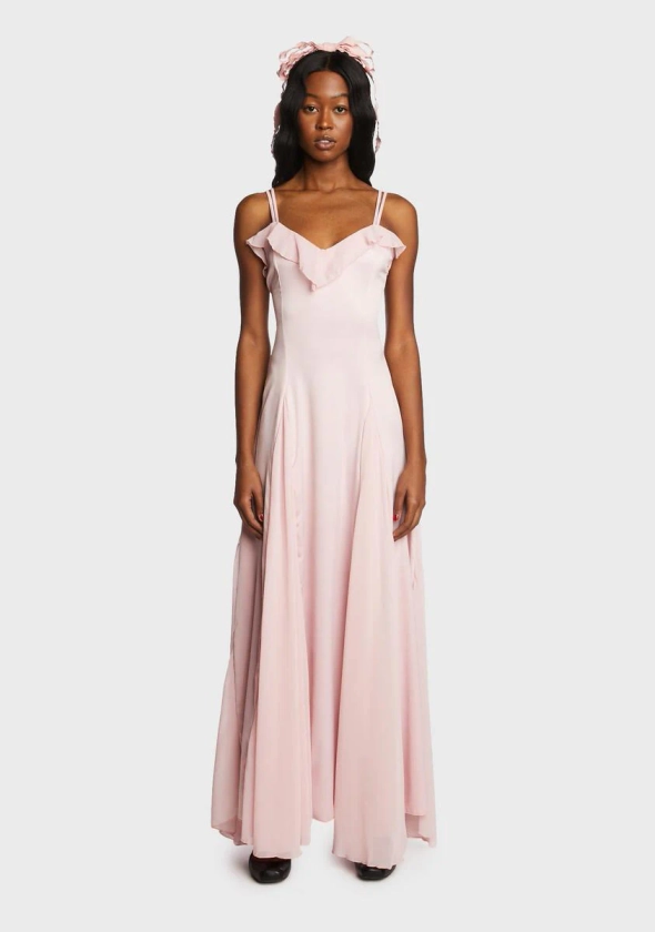 Sugar Thrillz Satin Ruffle Trim Maxi Dress - Pink