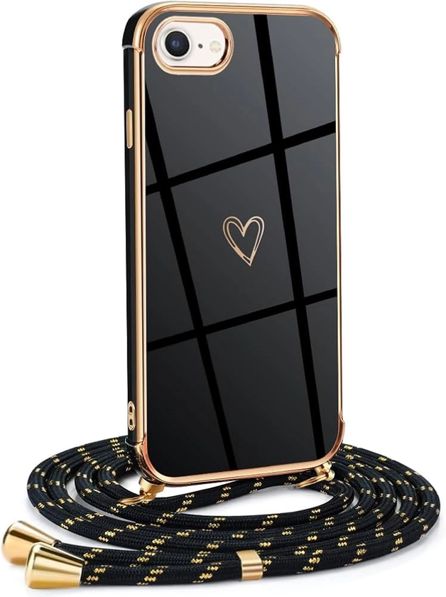 Mkej Coque pour iPhone 8 avec Cordon de Collier, Coque avec Cordon Motif Coeur d'amour TPU Housse, Collier RéglableTéléphone Portable Lanyard Case iPhone 8, Or Noir