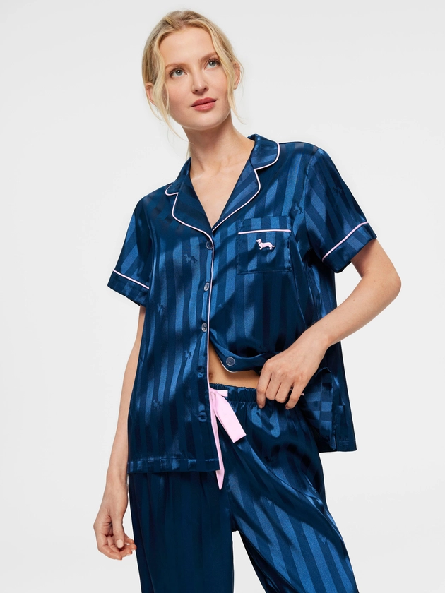 Short Sleeve & Pant Navy Penny Chic Satin Stripe Pj Set Navy - Peter Alexander Online