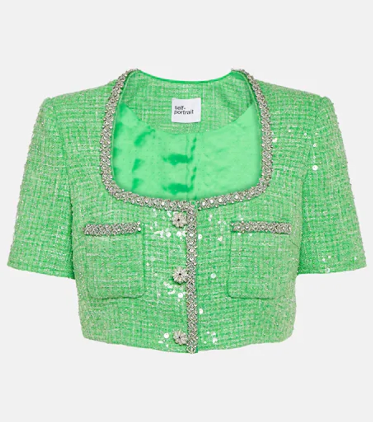 Top raccourci en bouclé à ornements en vert – Self Portrait | Mytheresa