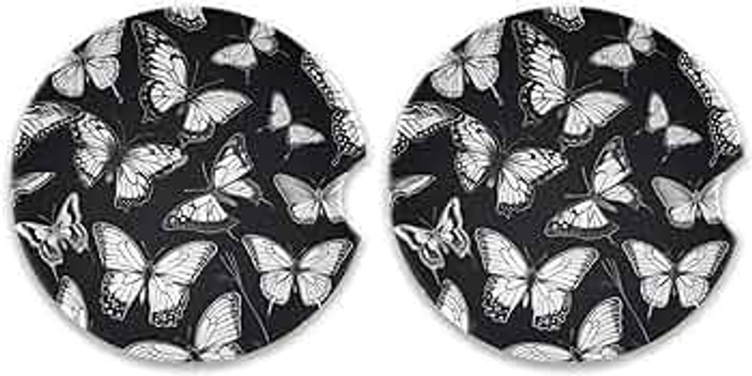 White Butterfly Black Car Coasters 2 Pack Absorbent Car Cup Holder Coaster 2.5" Ceramic Drinks Coaster with Finger Notch & Cork Base