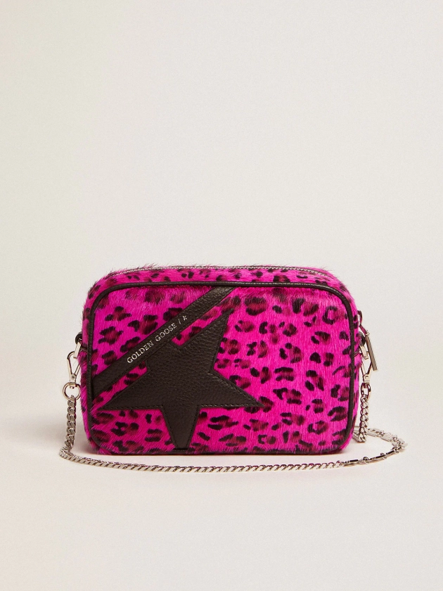 Mini Star Bag in fuchsia leopard-print pony skin with black leather star | Golden Goose