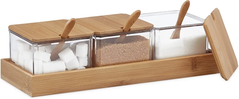 Relaxdays Spice Containers Set of 3 Spice Jars with Spoon & Lid, Plastic, Bamboo, Sugar Bowls, Tray, Transparent, 11 x 30 x 13 cm