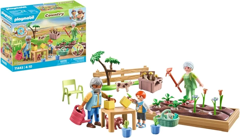 Playmobil 71443 Country: Vegetable Garden with Grandparents, including flower bed, watering can and garden tools, fun imaginative role-play, sustainable play sets suitable for children ages 4+