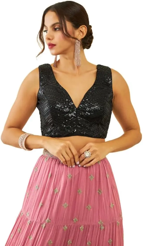 Soch Womens Black Georgette Sequin Embroidered V-Neck Back-Open Sleeveless Blouse : Amazon.in: Fashion