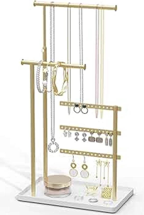 Jewelry Holder Organizer Stand - Adjustable Tall 17.5" (Max), Sturdy Jewelry Hanger for Necklaces, Earrings, Bracelets, Rings, Jewlery Display and Storage, Gold and White, Metal