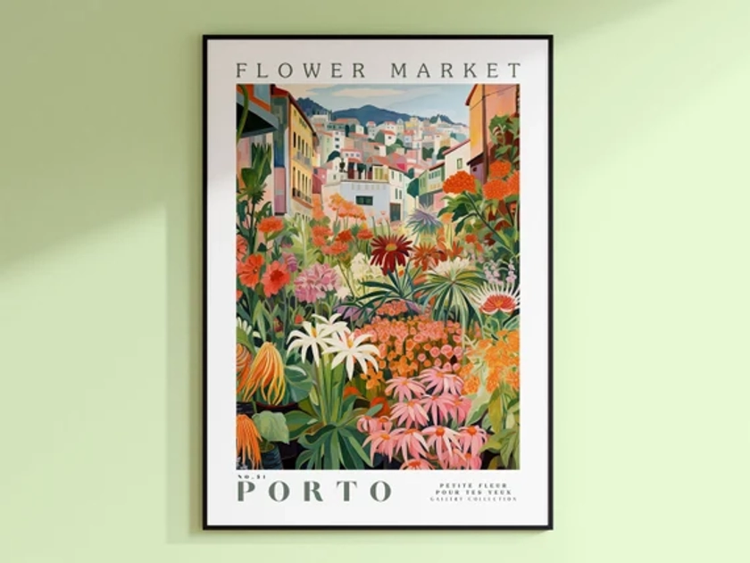 Flower Market Porto Print, Portugal Travel Art, Porto Poster, Botanical Wall Art, Green Wall Art, Pink and Orange Wall Art, Trendy Wall Art