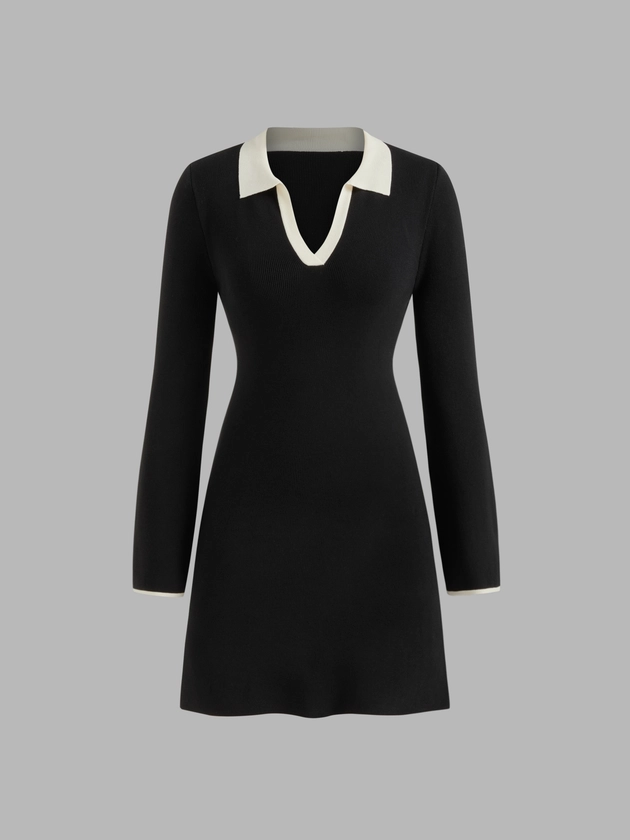 Knitted V-neck Solid Contrasting Binding Long Sleeve Mini Dress