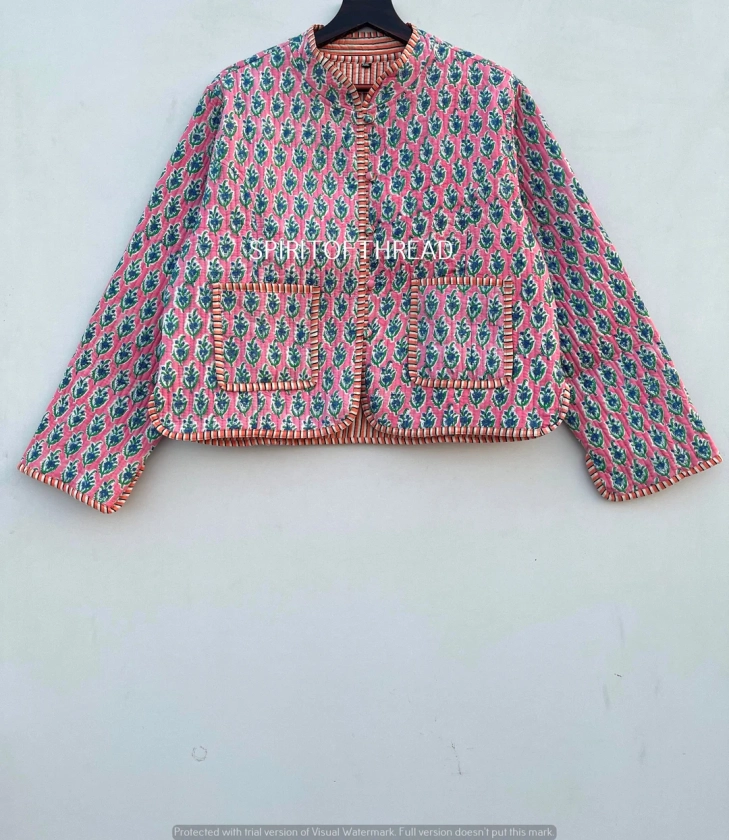 Veste matelassée à imprimé indien, fait main, les femmes portent une veste bohème réversible à fleurs roses, cadeau pour elle, vestes en coton, manteau - Etsy France