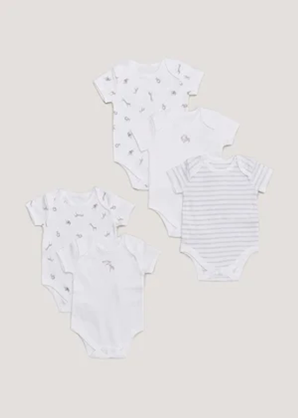 Baby 5 Pack White Safari Bodysuits (Newborn-23mths)