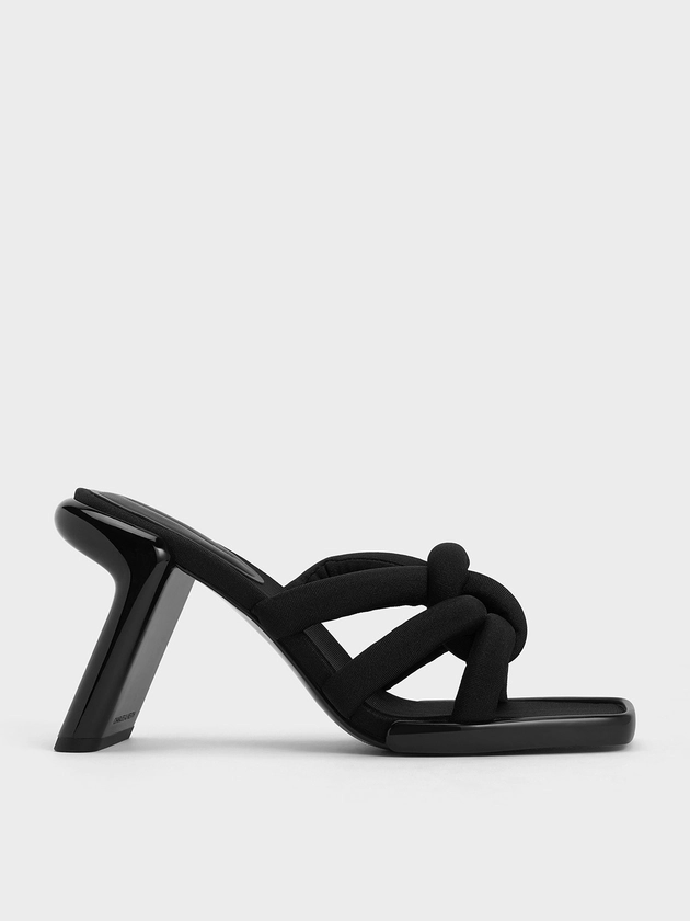 Black Textured Toni Knotted Puffy-Strap Mules | CHARLES & KEITH