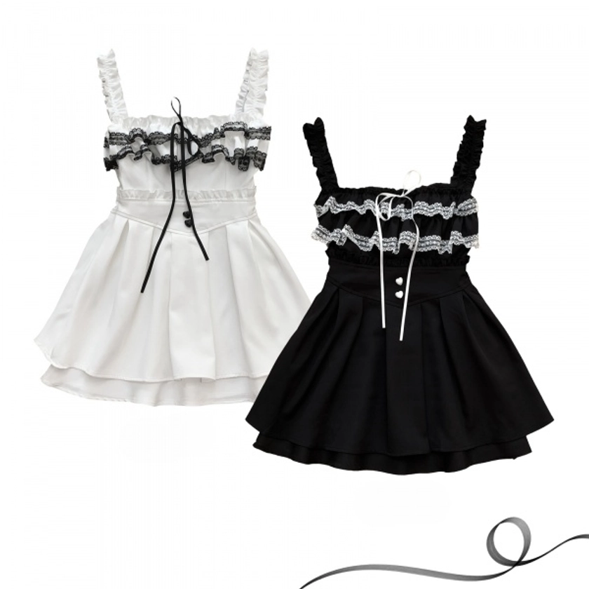 [£19.56]Pink/Black/White Square Neckline Jirai Kei Box Pleat Dress