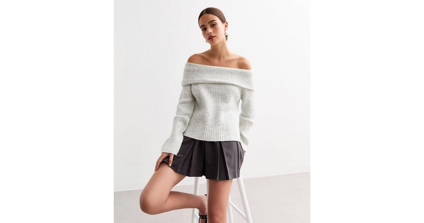 Grey Ribbed Knit Bardot Jumper | New Look