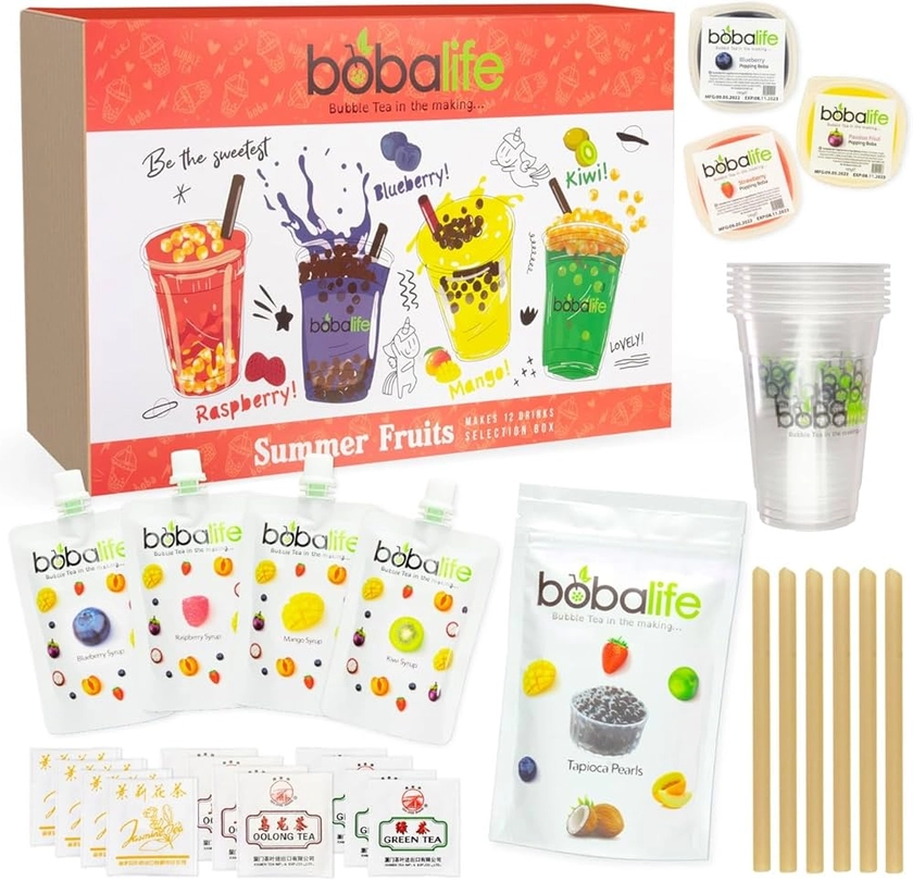 Bubble Tea Kit Gift Box - Summerfruit Selection Makes 12 Drinks | Flavoured Syrups Mango, Raspberry, Kiwi, Blueberry | Suitable for Vegans | By Bobalife