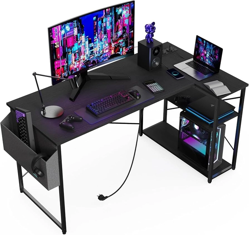 L Shaped Computer Desk with Power Outlets, 47 Inch Small Corner Desk with Reversible Shelves, Gaming Desk Computer Table Study Writing Table for Home Office Bedroom Small Space, Black