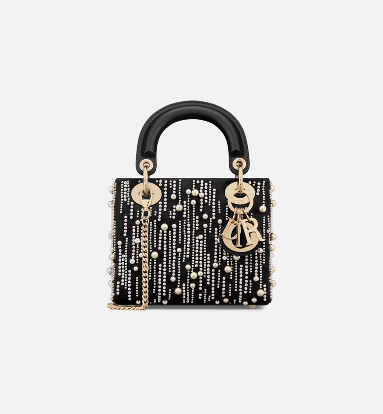 Mini Lady Dior Bag Black Satin Embroidered with White Resin Pearls | DIOR