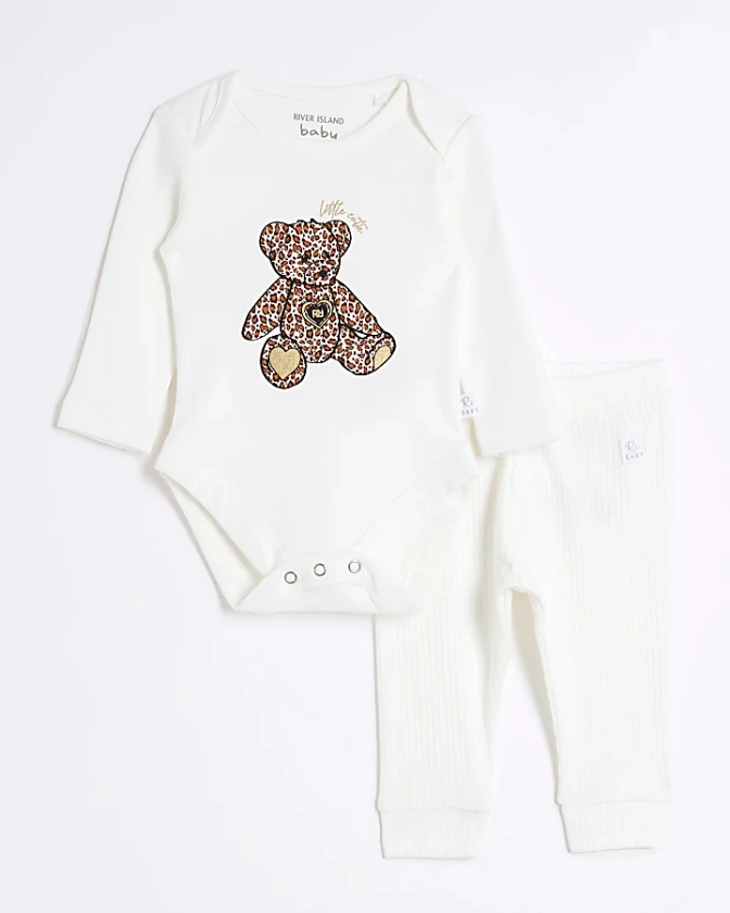 Baby girls white leopard bear all in one set | River Island