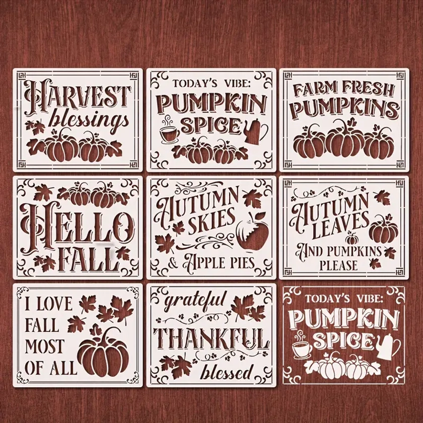 8-Piece Autumn Pumpkin & Leaves Stencils Set - Reusable Plastic Templates for Fall Harvest DIY Art and Crafts, Home Decor, Wall, Wood, Canvas - Thankf