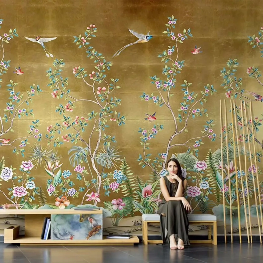 Chinoiserie Gold Background Vine Wallpaper, Flowers and Plants Home Decor Wall Murals for Living or Dinning Room - Etsy Australia