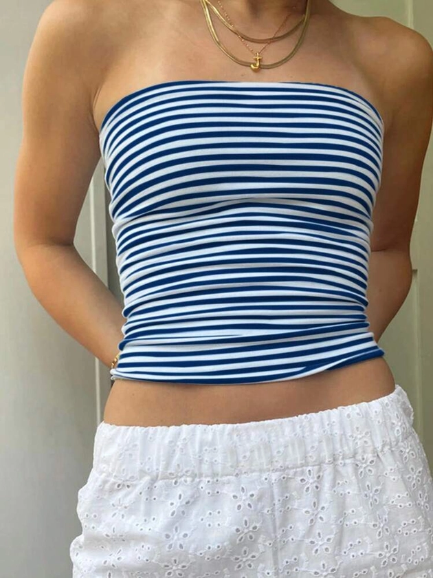 SHEIN Privé Casual Striped Print Bandeau Tube Top For Summer