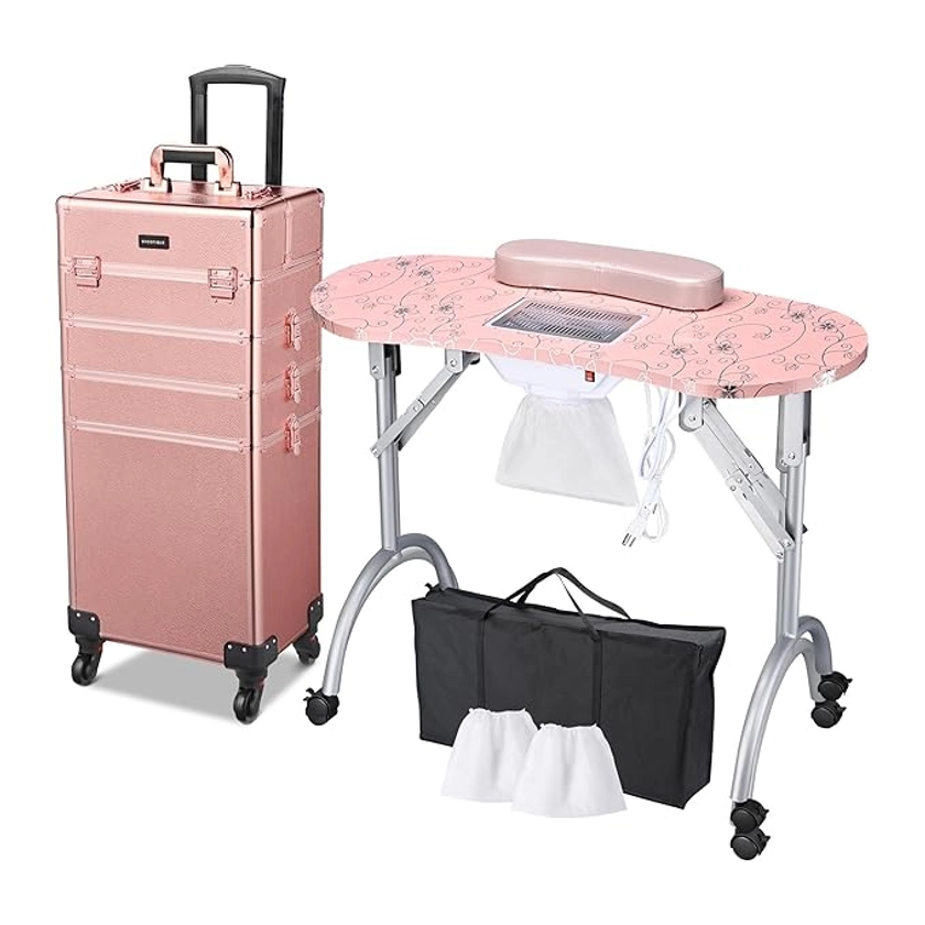 Amazon.com: BYOOTIQUE Rolling Manicure Table 4in1 Makeup Train Case Foldable Nail Desk Cosmetology Case on Wheels with Built-in Dust Collector for Technician Workstation Mobile Artist Home Spa Beauty Salon, Pink : Beauty & Personal Care